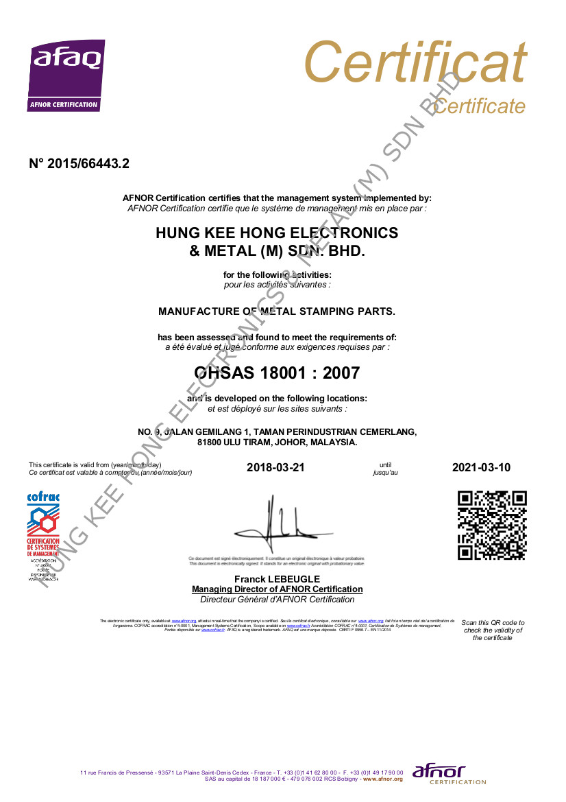 OHSAS 18001 2007 HKH Cert